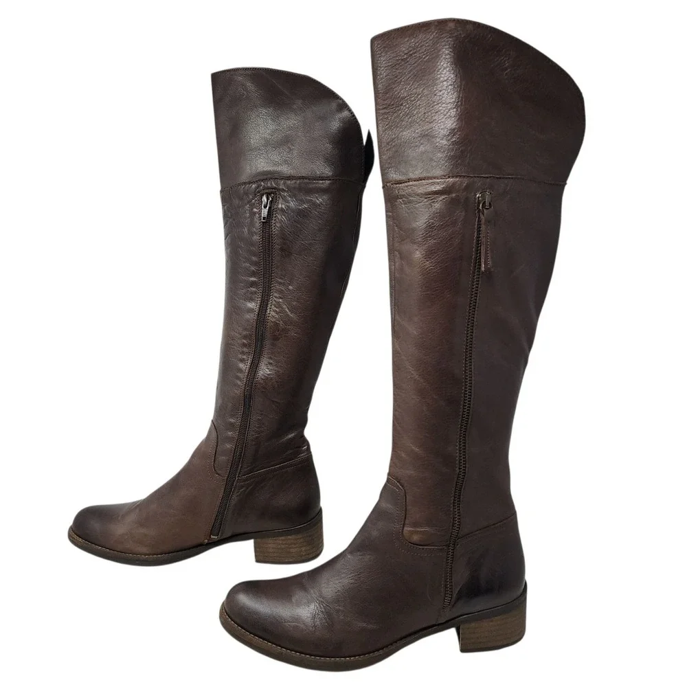 Womens Leather Riding Boots 41 Brown Knee High Side Zip Block Heel Made Portugal